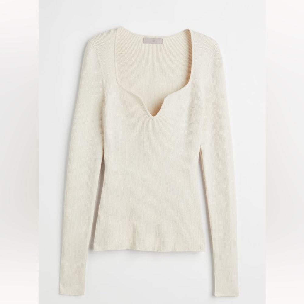 H&M Cream Ribbed Sweetheart Neckline Long Sleeve Sweater